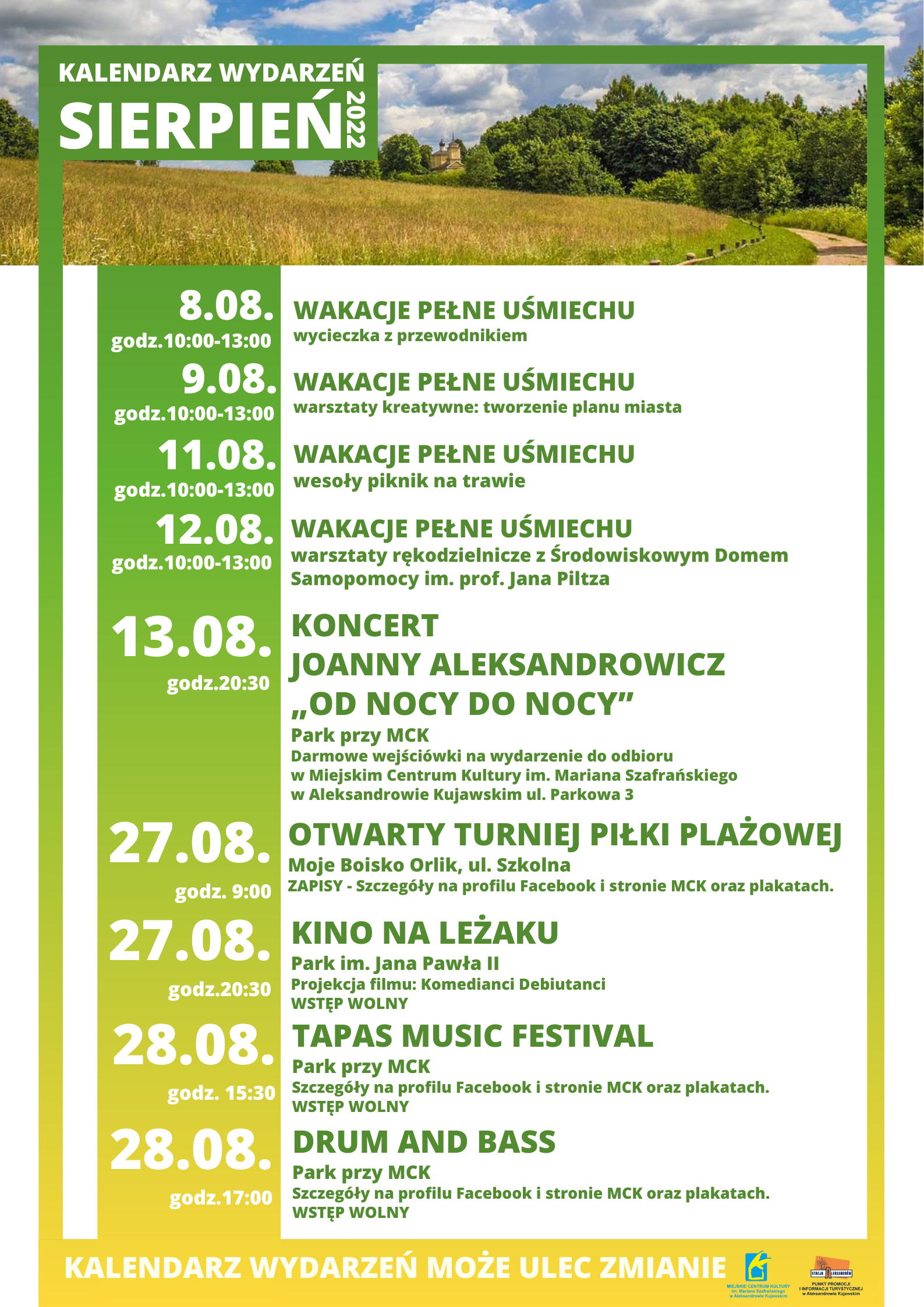 Kalendarz wydarze kulturalnych Miejskiego Centrum Kultury im Mariana Szafraskiego w Aleksandrowie Kujawskim